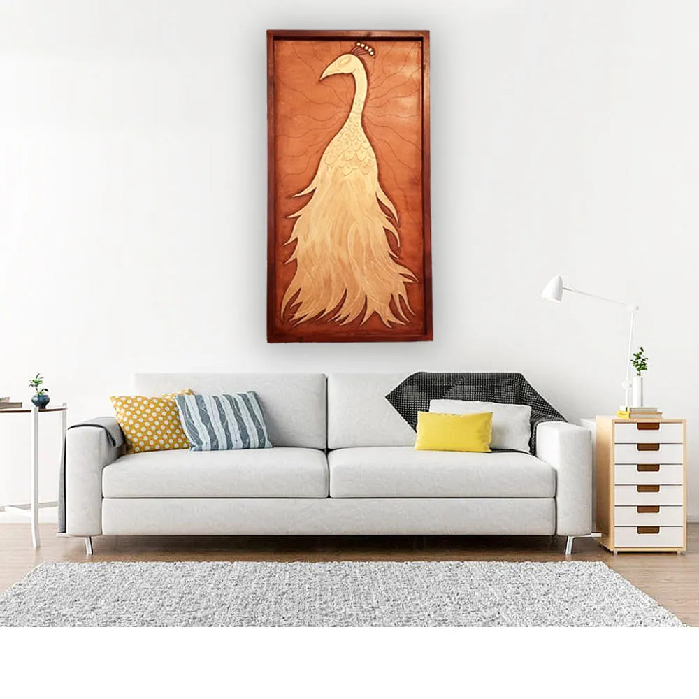 Graceful Wooden Golden Peacock Wall Art Decoration